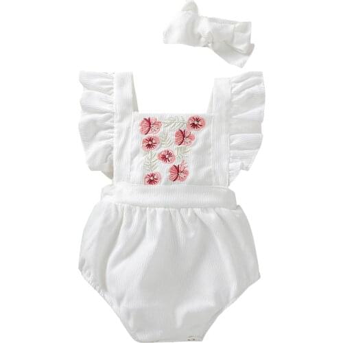 Infant Newborn Baby Girl Embroidery Bodysuits Ribbed Corduroy Jumpsuits Sleeveless Ruffled Outfits