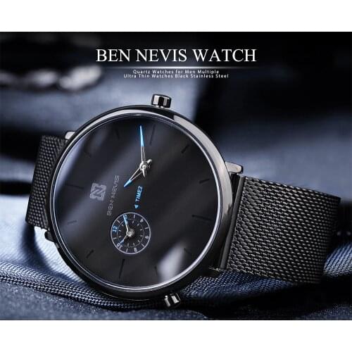 Ultra Thin Watches for Men Dual Time Black BEN NEVIS Watch Male 2020 Waterproof Quartz Wristwatch Clock with Gift Box