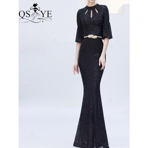 QSYYE Sparkle Black Evening Dress Fitted Mermaid Short Sleeves Evening Gown Glitter High Neck Decent Sequin Formal Party Gown