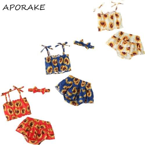 2021 3-24M Newborn Baby Girl Clothes Set Sunflower Floral Printed Pattern Suspender Tops+Culottes+Headband Summer 3pcs Set