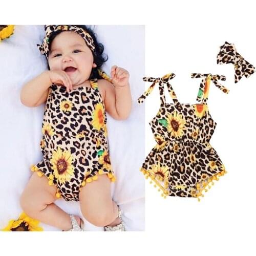Fashion Toddler Baby Girl Sunflower Romper Sleeveless Jumpsuits + Headband Summer Outfit Sling Clothes 2PCS