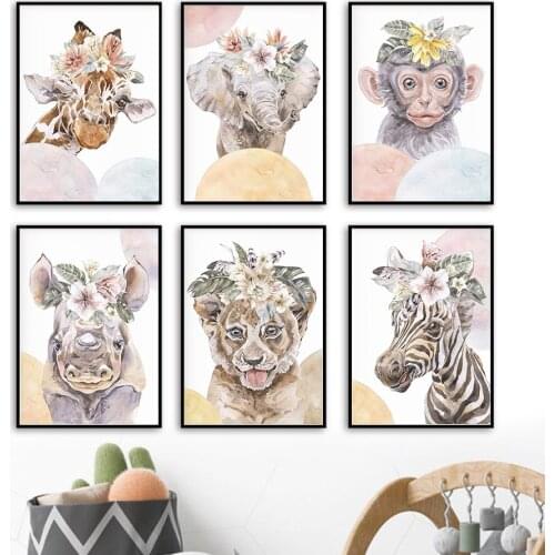 Elephant Zebra Giraffe Monkey Rhino Tiger Wall Art Canvas Painting Nordic Posters And Prints Wall Pictures Girl Kids Room Decor