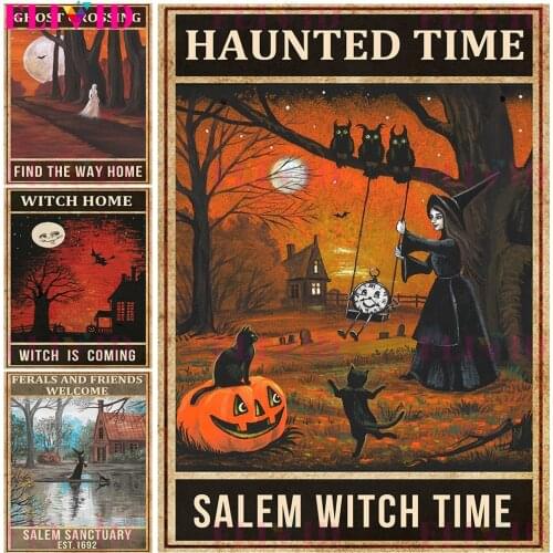 Witch Returns To Salem Wall Art Canvas Painting Halloween Witch Ghost And Black Cat Party Poster And Print Decorative Unframed