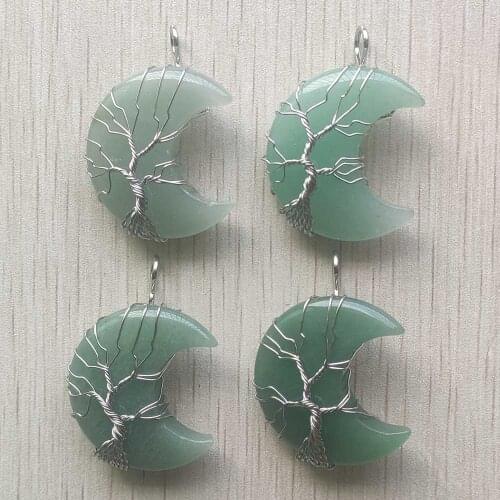 New fashion natural green aventurine tree Of Life Moon Shape pendants for For Men Women Jewelry Wholesale 4pcs/lot free shipping