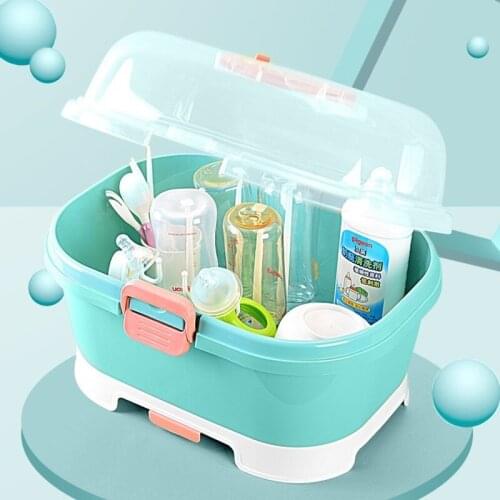Portable baby bottle storage box with cover dust-proof multi-functional drying rack newborn tableware holder green pink