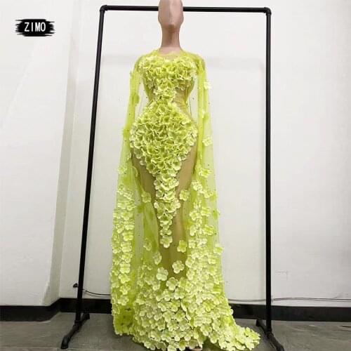 2 piece Mesh sheer 3D Flower rhinestone Long Dress Women Party birthday wedding Dance Stage Costume Prom blue green purple Dress