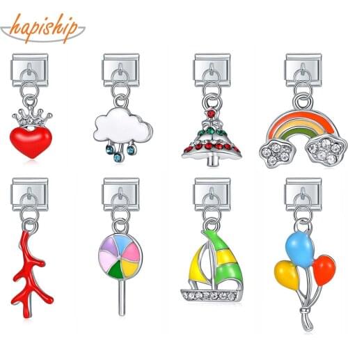 Hapiship Coral Sailboat Rainbow Lollipop Love Heart Italian Links Charm Fit 9mm Stainless Steel Bracelet Jewelry Making DJ300
