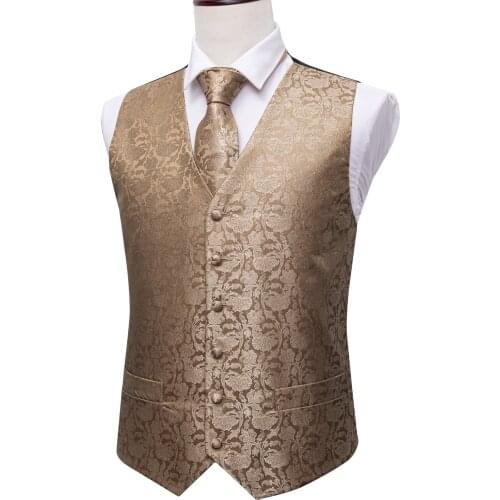 Silk Camel Floral Men V-neck Suit Vests Formal Waistcoat Necktie Cufflinks Handkerchief Set Vests Barry.wang Designer SJ-2023