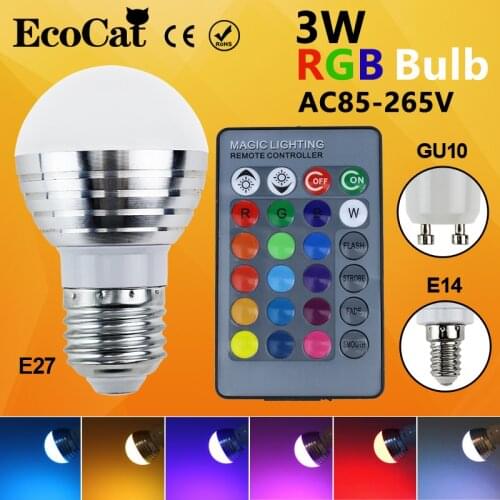 LED RGB Bulb LED E27 E14 GU10 lamp AC110V 220V 3W LED RGB Spot light dimmable magic Holiday RGB light+IR Remote Control16 colors