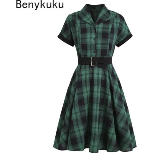 Vintage Clothes Green Plaid Button Up Short Sleeve Retro Dress Elegant A Line Belted 50s Style Pinup Swing Dresses for Women