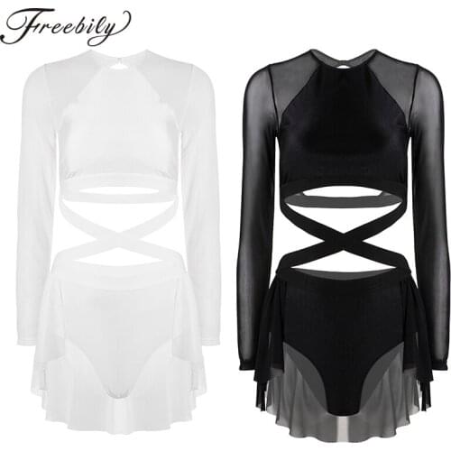 Adult Women Dancewear Long Sleeve Sexy Cutout Mesh Tutu Ballet Dress Padded Tops Shorts Skirt Gymnastics Leotard Dance Costumes