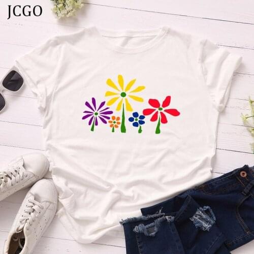 JCGO Summer Cotton Women T Shirt 4XL 5XL Plus Size Flower Print Short Sleeve Women Tees Tops Casual O-Neck Female Simple tShirts