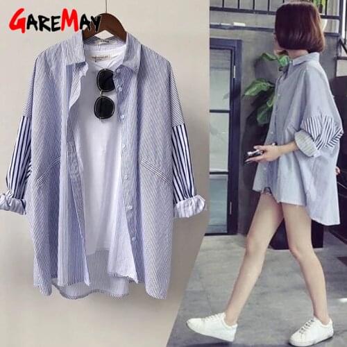 2021 Spring Autumn Striped Womens Shirt Long Sleeve Button Up Oversized Student Loose Boyfriend Style Female Top Women Blouses