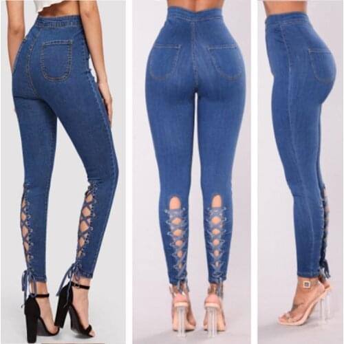 FNOCE 2020 new womens jean pants fashion casual all-match solid high waist tight stretch slim lace up elegant denim pencil pant