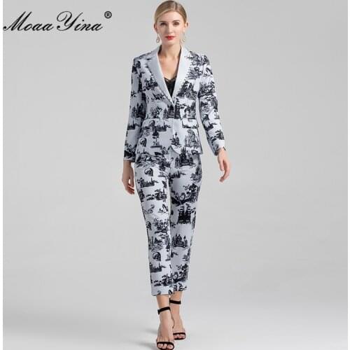 MoaaYina Fashion Runway Autumn Pants Set Womens Beading Long Sleeve Jacket Coat and Floral print Slim Pants Two Piece Suit