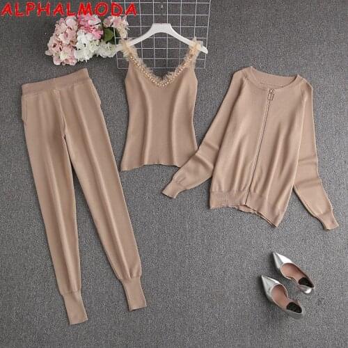 ALPHALMODA 2021 New Arrival Frill Lace Strap Heavy Work Beaded Crystal Trim Vest Jacket Pants Women Sweet 3pcs Clothes Suit