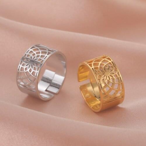 Skyrim Geometric Cutout Flower Ring for Women Gold Color Stainless Steel Adjustable Vintage Ring Jewelry Anniversary Gifts 2021