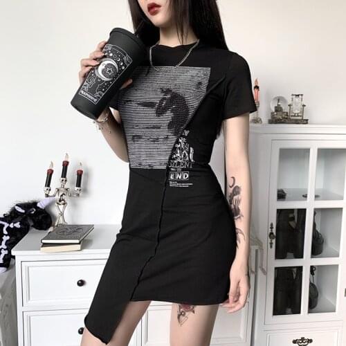 Black Goth Women Irregular Length Dress 2020 Summer Lady Letter Horse Print Mini Party Empire Gothic Cool Dresses Basic Vestidos
