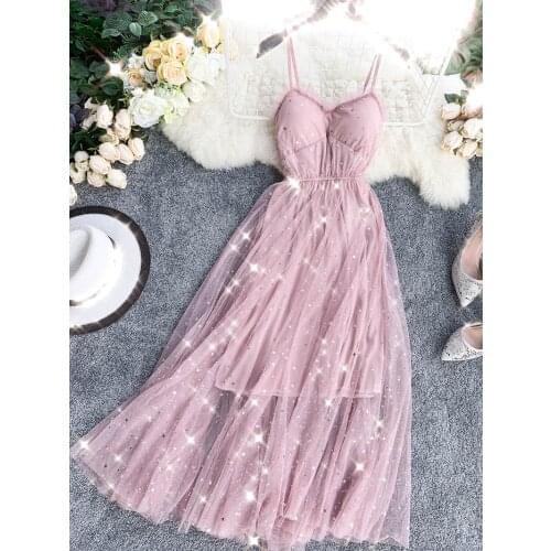 Women Summer Strap V-neck Sleeveless Pleated Bling Sequined Ruffles Dress Sweet Lady Elastic Slim Mesh Gauze Pullover Midi Dress