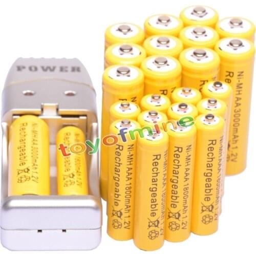 2/4/8/12/16/24pcs AA 3000mAh + AAA 1800mAh Rechargeable Battery 1.2V Yellow + USB Battery Charger