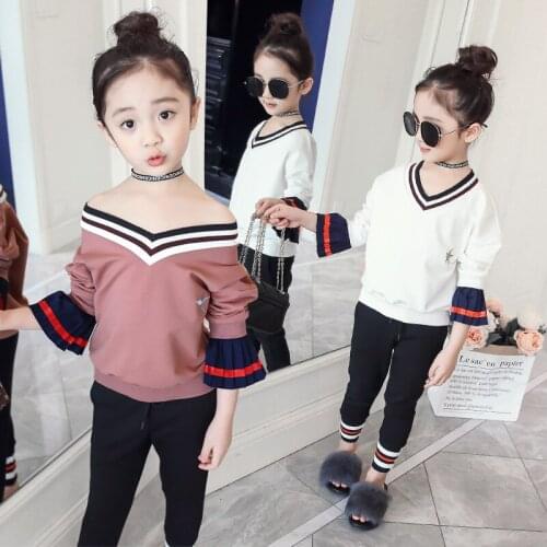 2018 new children girl spring summer clothing set V collar Shirts+long Pants kids girls 2pcs fashion suits 4-14T