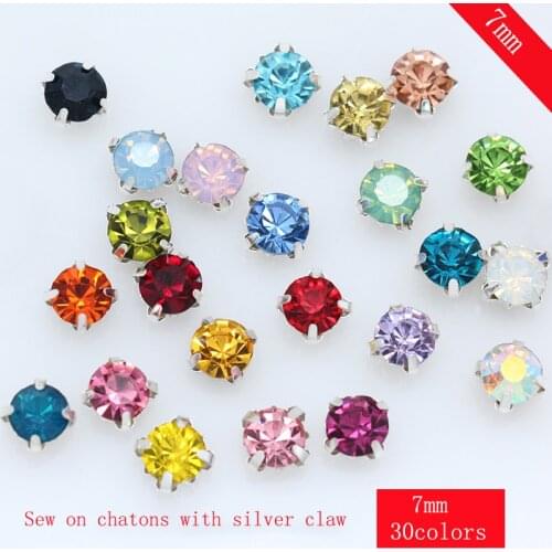 36pcs 7mm Sew on Crystal Glass Rhinestone Flatback Diamante Diy Decorative Silver Cup Claw 4-holes Sewing Craft clothes Beads