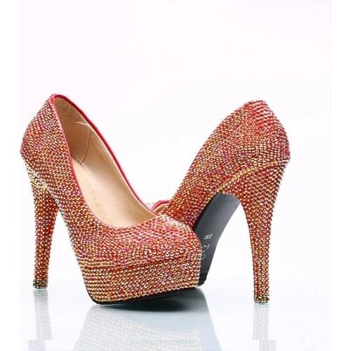AB Bling Crystal Red Wedding Shoes Women Bridal Party Dress Shoes Super High Heel Platform Pumps Bridesmaid Rhinestone Shoes