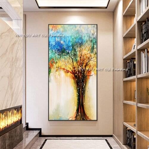100% Handmade Abstract Tree of Life Oil Painting Colorful Blue Canvas Wall Art Picture for Living Room Home Design Decor