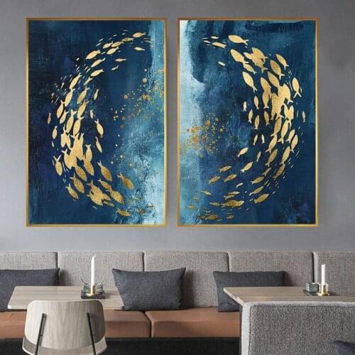 Abstract Gold Fish Canvas Painting Big Blue Poster Print Luxurious Wall Art for Living Room Aisle Gold Tableaux Picture Cuadros