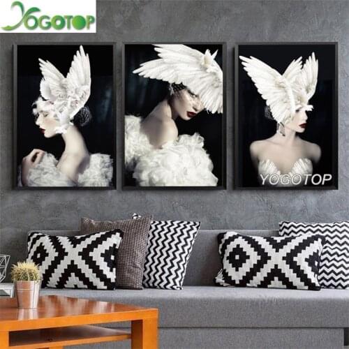 Diy Diamond Painting Black White Fashion Woman Pigeon Wings Hat Abstract 5D Full mosaic Diamond Embroidery Nordic 3pcs/set ML967