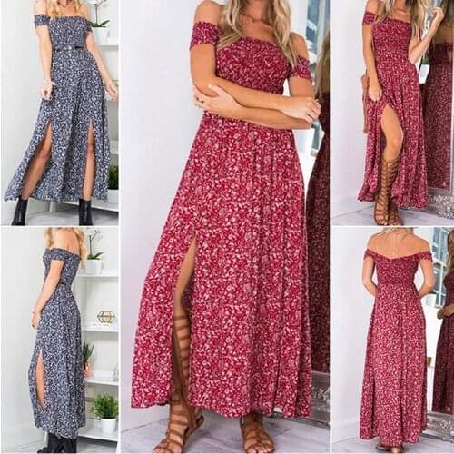 Bohemian Women Summer Dress 2021 Blue Red Floral Boho Dresses Off Shoulder Long Vestidos Beach Sexy Sundress Casual Maxi Dress