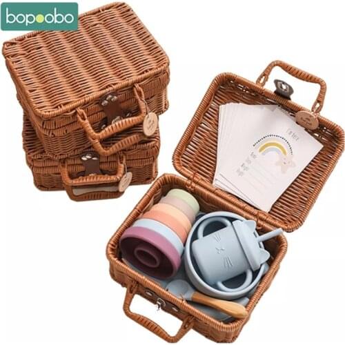Bopoobo Baby Feeding Tableware Box Set Gifts Baby Silicone Rainbow Stacker Toy Set Baby Birth Vintage Box Gifts