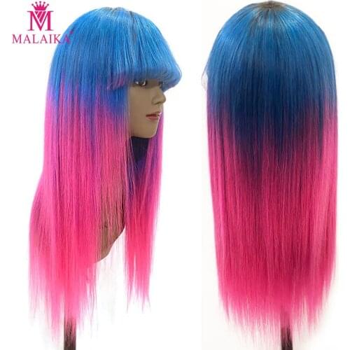 Malaika Brazilian Straight Colored Wig Ombre Pink 100% Human Hair Wig With Bangs Blue Machine Human Hair Wigs For Black Women