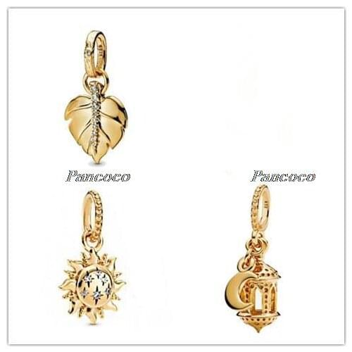 925 Sterling Silver Bead Shine Shining Leaf Dangle Charm Fit Pandora Bracelets & Necklace Women Diy Jewelry