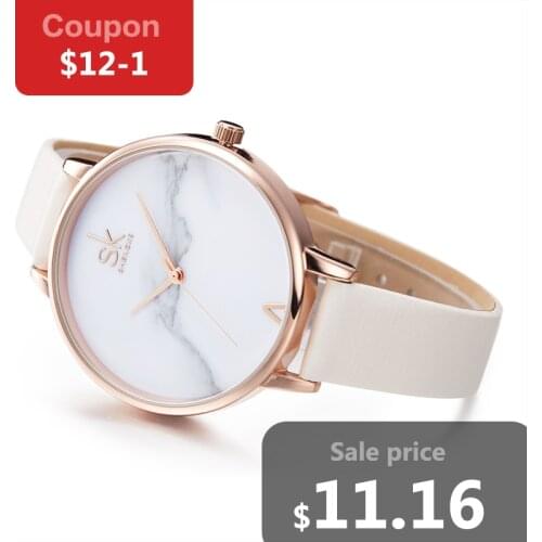 Shengke Fashion Ladies Watches Elegant Female Quartz Watch Women Thin Leather Strap Watch Montre Femme Marble Dial SK free Gift