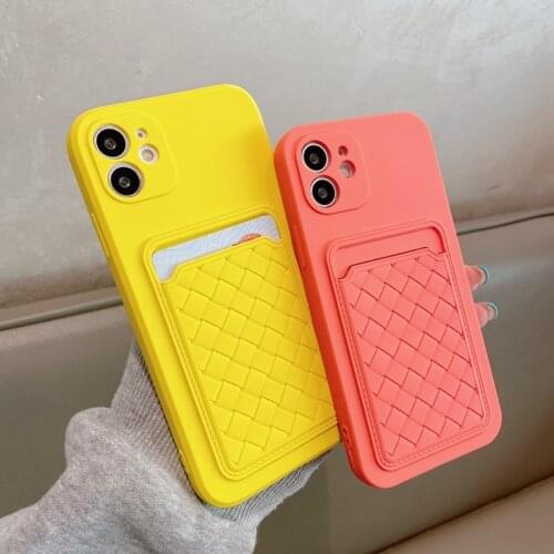 Card Slot Holder Weave Phone Case For iPhone 11 12 Pro Max X XR XS Max 7 8 Plus Candy Color Soft Silicone Lens Protection Cover