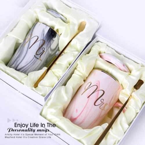 Flamingo Marble Pattern Ceramics Coffee Mug Couple Water Tea Milk Cup with Lid Spoon Creative Wedding Birthday Gift