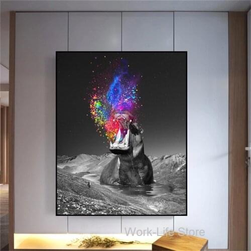 Colorful Animal Art Fantasy Hippo Canvas Painting on The Wall Art Posters Prints Wall Pictures for Living Room Home Wall Cuadros