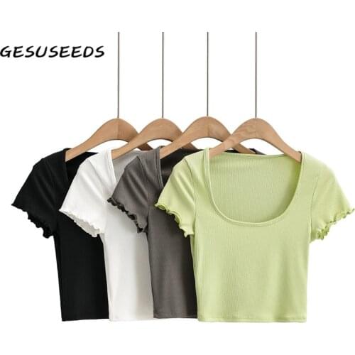 Summer short sleeve t shirt women casual tees kawaii ruffle top vintage knitted T shirt slim o neck shirts white black top gray
