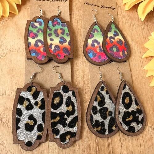 MOMO Rainbow Leopard Leather Wooden Teardrop Dangle Drop Earrings for Women