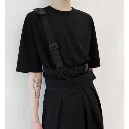 MIXCUBIC 2020 summer Korean style Personality cargo bandage design t-shirt men casual loose O-neck t-shirts male t-shirt M-XL