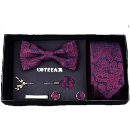 Mens Narrow Tie Butterfly Set Gift Box 7pcs Necktie 6cm Paisley Strip Cufflinks Tieclip Broochpin Blue Fashion Casual Wedding