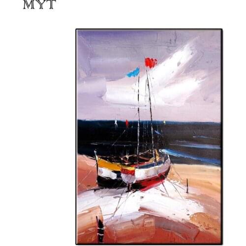 No framed hand Painted Wall art Picture Abstract boat on the seaside landscape Oil Painting on Canvas for Living room Home Decor