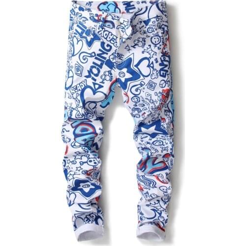 New Fashion Brand White Denim Jeans For Men 3D Print Elastic Biker Jeans Designer Slim Trousers Jeans Homme 5003