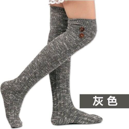 New Fashion Women Ladies Solid Color Knitted Stockings Elastic Head Knee High Buttoned Stockings Black Gray Blue