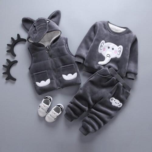 Baby Boy Clothes Winter Plus Velvet Thick Three-piece Childrens Warm Cartoon Dinosaur Bear Hooded Sweater Baby Girl Suit