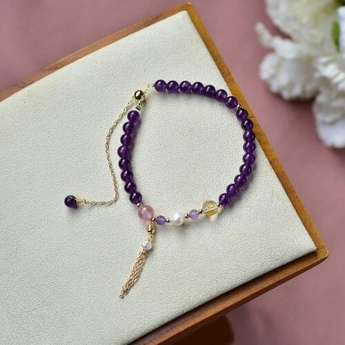 Original Natural Amethyst Bracelet Female Strawberry Crystal Pearl Jewelry Helping Study 14K Gold Filled Pull-out Bracelet