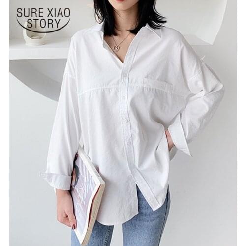 Turn-Down Collar Loose White Shirts Solid Female Shirt Tops 2021 Spring Autumn Women Cardigan Blouses Lady Blusas 11890