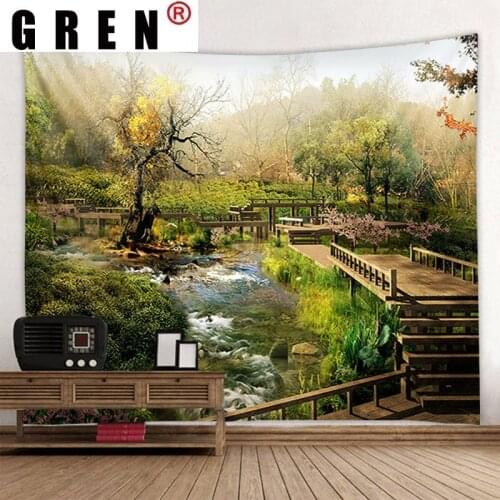 GREN River Tree Mountain Natural Landscape Hanging Rugs Background Cloth Beach Mat Blanket Art Bedroom Home Decor Tapestry