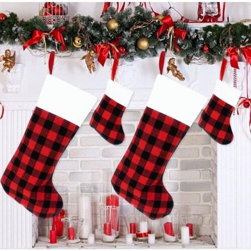 Christmas Stocking Sack Red Plaid Santa Sock Xmas Gift Candy Bag Christmas Gifts For Kids Xmas Tree Ornaments New Year 2022